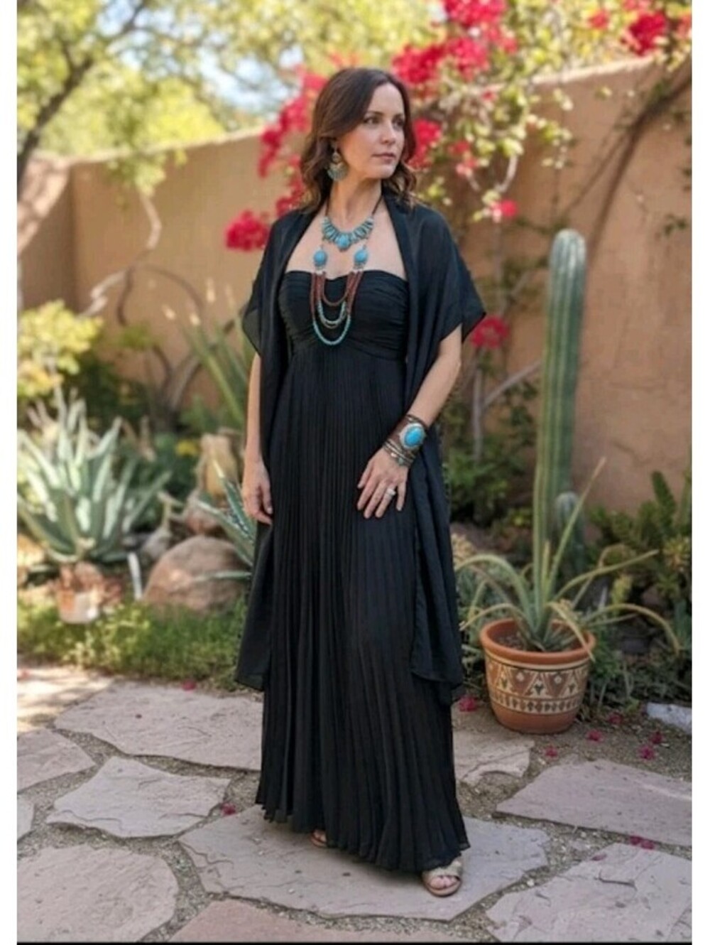 Black pleated strapless Maxi formal gown & shawl Size 12 - Picture 4 of 6